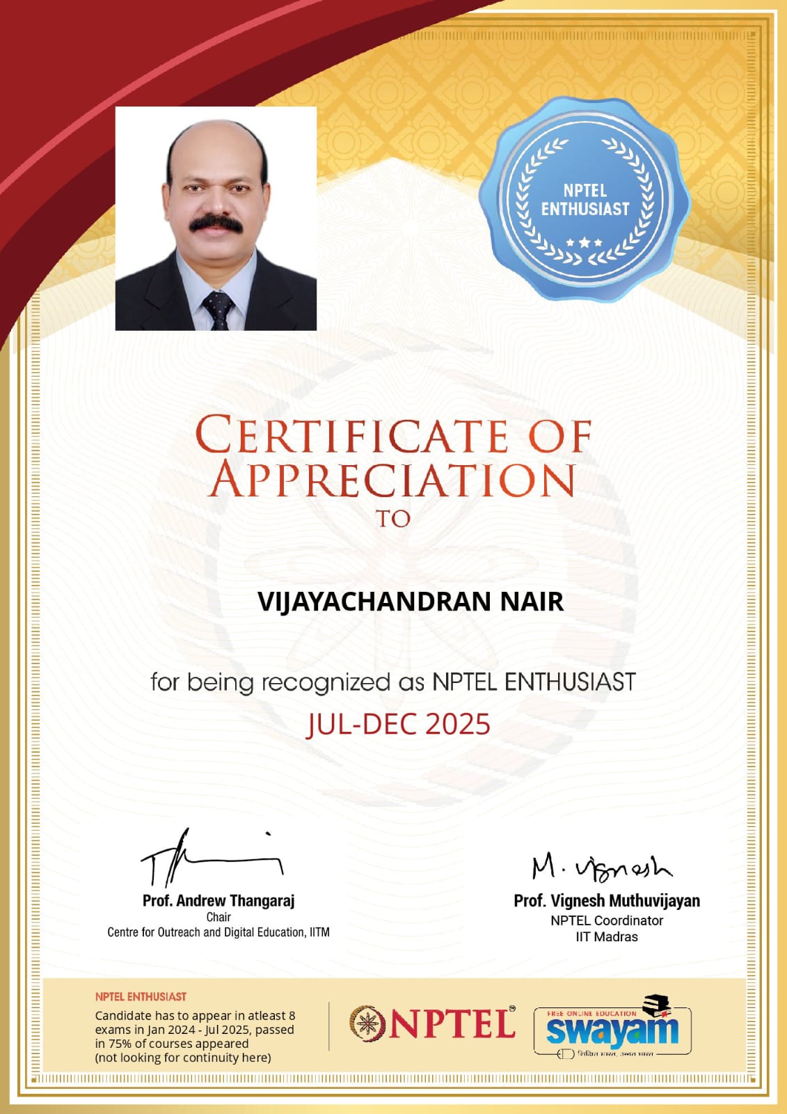 Celebrating NPTEL Achievements: Vijayachandran Nair Honored with Multiple Distinctions
