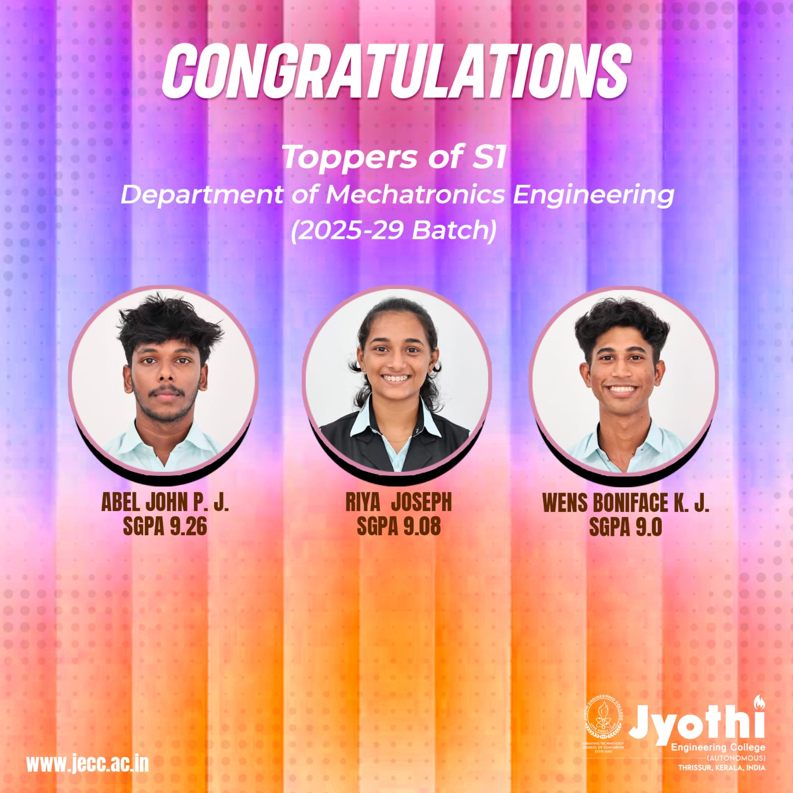 Academic Excellence: Celebrating S1 Toppers of Mechatronics (2025–29 Batch)
